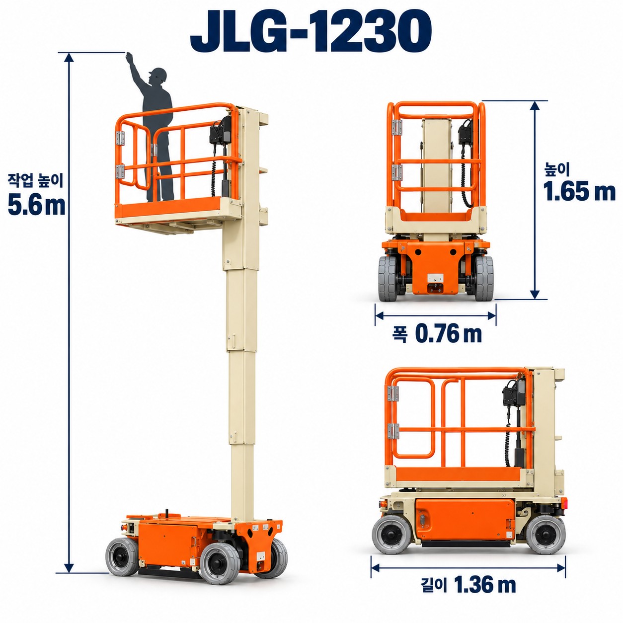 JLG-1230 수직 마스트형 제원 도해. 작업 높이 5.6m, 장비 길이 1.36m, 폭 0.76m, 높이 1.65m.